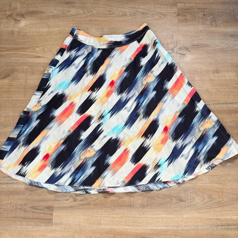 DKNY 100% Linen Paintbrush Strokes Midi Skirt Faux Wrap A Line Artsy 12 - Picture 4 of 10